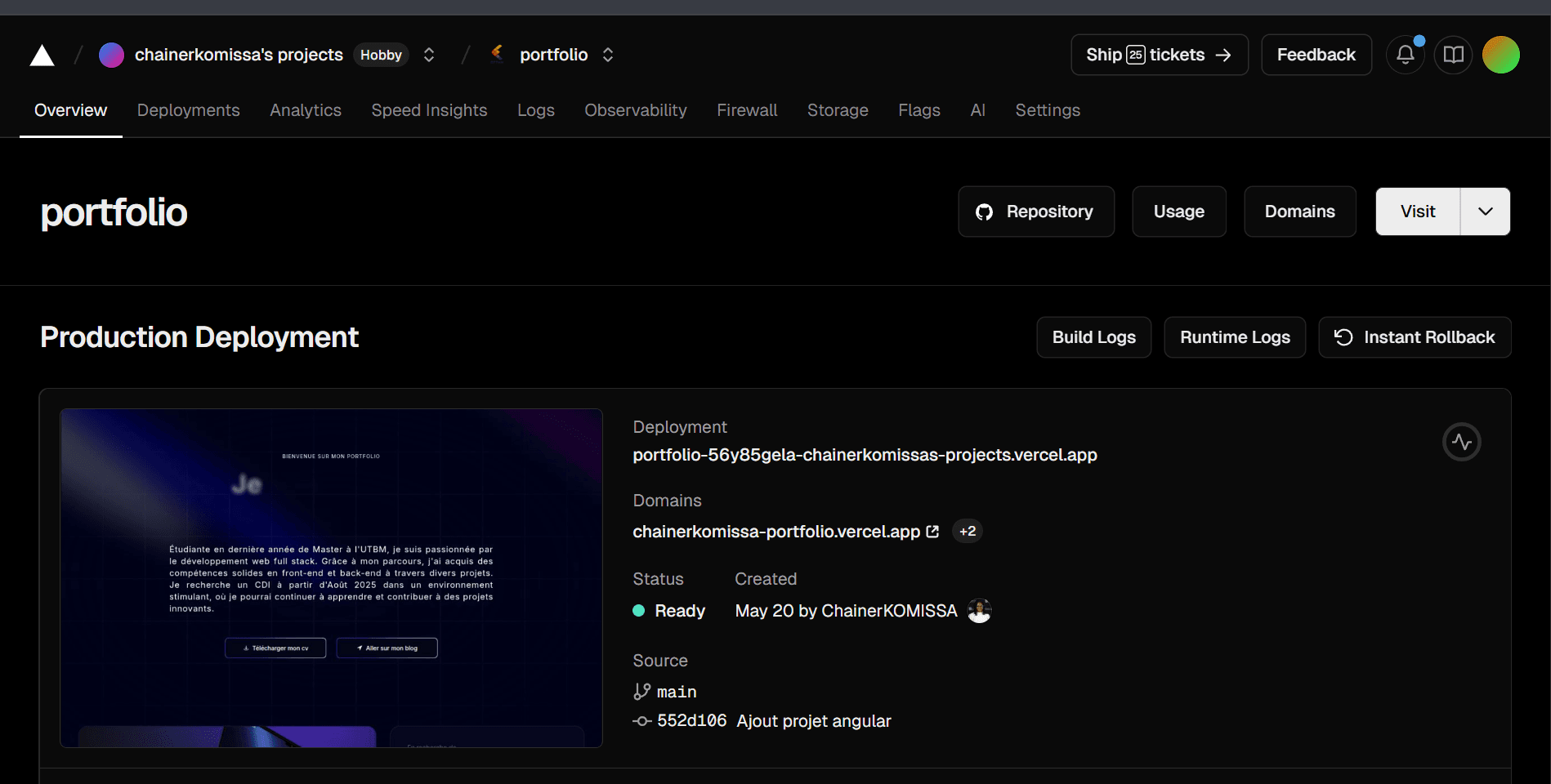 Tableau de bord Vercel